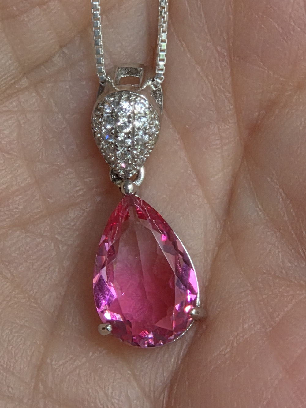 Sterling Silver Pear Cut Basket Set Pink Topaz Pendant + 16" Box Chain 3.1g